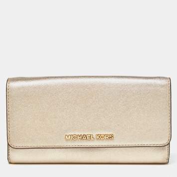 Pre Owned Michael Kors Gold Leather Jet Set Travel Wallet On Chain