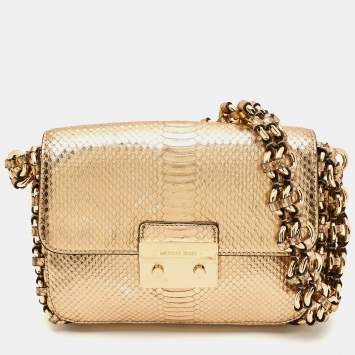 Pre Owned Michael Kors Gold Python Embossed Leather Piper Shoulder Bag