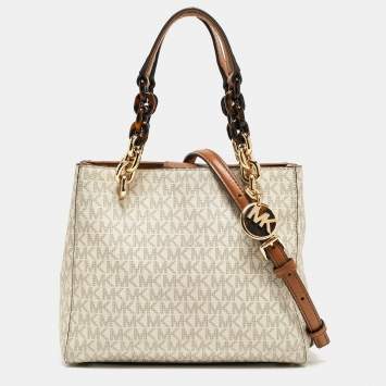 Pre Owned Michael Kors Off White/Tan Signature Coated Canvas and Leather Cynthia Tote