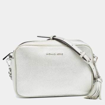Pre Owned Michael Kors Silver Leather Jet Set Camera Crossbody Bag