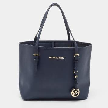 Pre Owned Michael Kors Dark Blue Saffiano Leather Small Jet Set Travel Tote