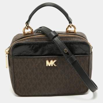 Pre Owned Michael Kors Brown/Black Signature Coated Canvas and Leather Top Handle Bag