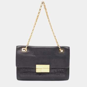Pre Owned Michael Kors Black Leather and Croc Embossed Chain Shoulder Bag