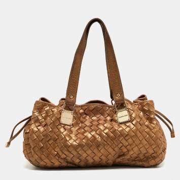 Pre Owned Michael Kors Gold Woven Leather Drawstring Tote