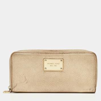 Pre Owned Michael Kors Gold Leather Jet Set Zip Around Continental Wallet