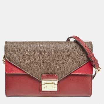 Pre Owned Michael Kors Burgundy/Brown Signature Coated Canvas and Leather Chain Clutch