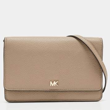 Pre Owned Michael Kors Grey Leather Logo Flap Wallet on Strap