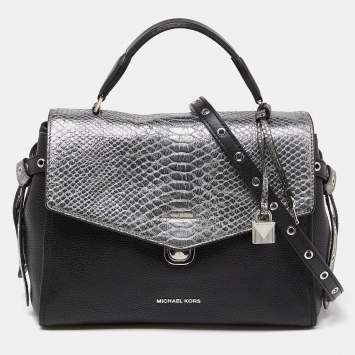 Pre Owned Michael Kors Black/Silver Leather and Snakeskin Embossed Leather Medium Bristol Top Handle Bag