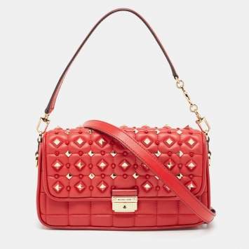 Pre Owned Michael Kors Red Quilted Leather Small Studded Bradshaw Convertible Shoulder Bag