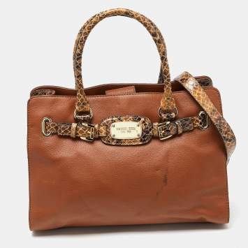 Pre Owned Michael Kors Brown Snakeskin Embossed Leather Hamilton Tote