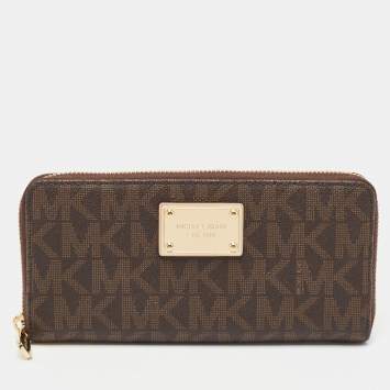 Pre Owned Michael Kors Brown Signature Coated Canvas Logo Zip Around Wallet