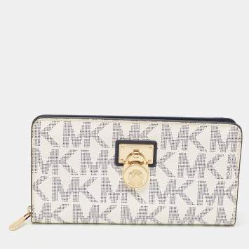 Pre Owned Michael Kors  White/Blue Signature Coated Canvas Hamilton Zip Around Wallet
