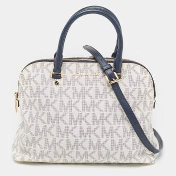 Pre Owned Michael Kors Navy Blue/White Signature Coated Canvas and Leather Large Cindy Dome Bag