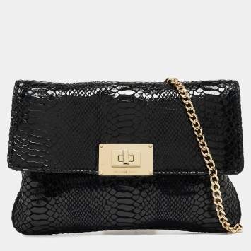 Pre Owned Michael Kors Black Python Embossed Leather Trunlock Slim Chain Bag