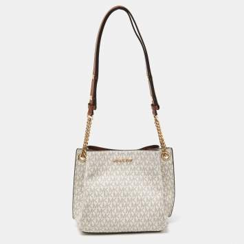 Pre Owned Michael Kors White/Brown Signature Coated Canvas and Leather Small Teagen Bag   