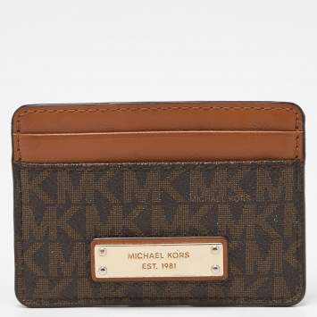 Pre Owned Michael Kors Beige/Brown Signature Coated Canvas and Leather Card Case
