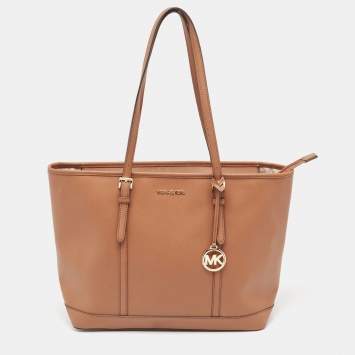 Pre Owned Michael Kors Brown Saffiano Leather Jet Set Travel Tote  