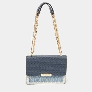 Pre Owned Michael Kors Blue/White Signature Coated Canvas and Leather Jade Shoulder Bag