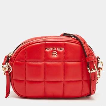 Pre Owned Michael Kors Red Square Quilted Leather Zip Crossbody Bag