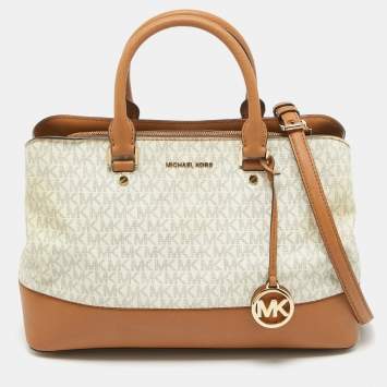 Pre Owned Michael Kors Brown/White Signature Coated Canvas and Leather Savannah Satchel