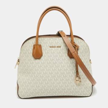 Pre Owned Michael Kors Brown/White Signature Coated Canvas Veronica Dome Satchel