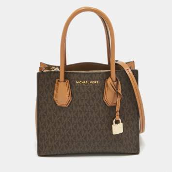 Pre Owned Michael Kors Brown/Beige Signature Coated Canvas and Leather Small Mercer Tote