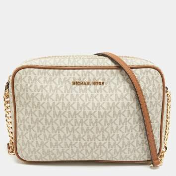 Pre Owned Michael Kors White/Brown Signature Coated Canvas and Leather East West Crossbody Bag