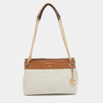Pre Owned Michael Kors White/Brown Signature Coated Canvas and Leather Small Susan Tote