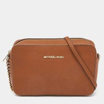 Pre Owned Michael Kors Brown Leather Large East West Jet Set Crossbody Bag