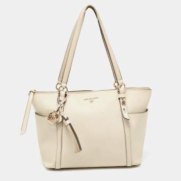 Pre Owned Michael Kors Light Beige Leather Medium Top Zip Jet Set Tote