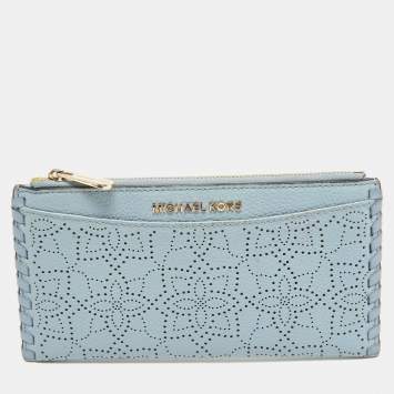 Pre Owned Michael Kors Light Blue Leather Lasercut Karson Slim Card Case