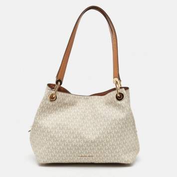 Pre Owned Michael Kors White/Brown Signature Coated Canvas and Leather Raven Shoulder Bag