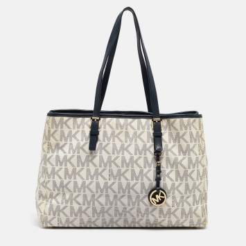 Pre Owned Michael Kors Navy Blue/White Signature Coated Canvas and Leather Jet Set Tote
