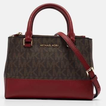 Pre Owned Michael Kors Burgundy/Brown Signature Coated Canvas and Leather XS Kellen Tote