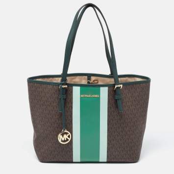 Pre Owned Michael Kors Brown/Green Signature Coated Canvas and Leather Tote