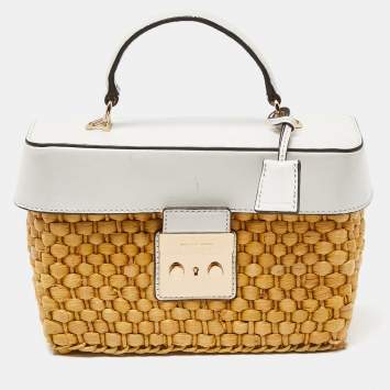 Pre Owned Michael Kors White/Beige Woven Raffia and Leather Gabriella Top Handle Bag