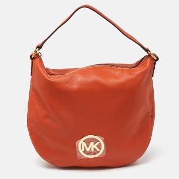 Pre Owned Michael Kors Orange Leather Logo Zip Hobo