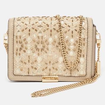 Pre Owned Michael Kors Beige Leather Beaded Gusset Jade Chain Clutch