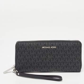 Pre Owned Michael Kors Black/Grey Signature Coated Canvas Zip Around Wallet
