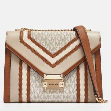 Pre Owned Michael Kors Beige/Brown Signature Coated Canvas and Leather Large Whitney Shoulder Bag