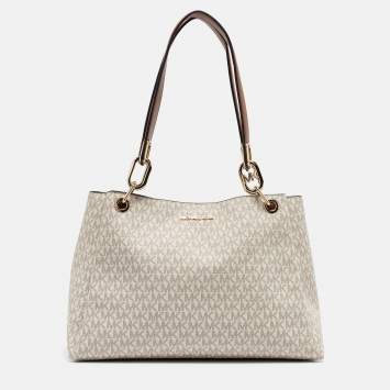 Pre Owned Michael Kors White/Brown Signature Coated Canvas and Leather Trisha Tote