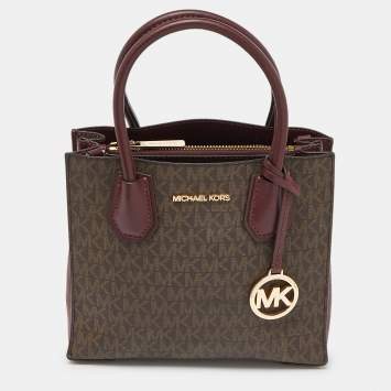 Pre Owned Michael Kors Brown/Red Signature Coated Canvas and Leather Mercer Tote