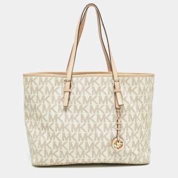 Pre Owned Michael Kors Beige/White Signature Coated Canvas and Leather Jet Set Tote