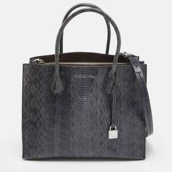 Pre Owned Michael Kors Navy Blue Watersnake Leather Large Mercer Tote