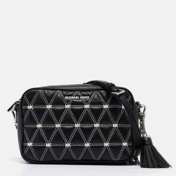 Pre Owned Michael Kors Black/White Quilted Leather Medium Ginny Crossbody Bag