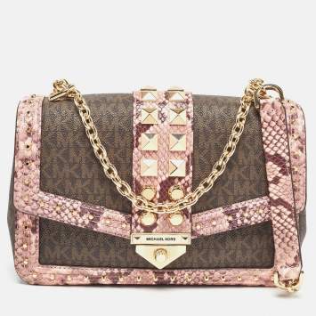 Pre Owned Michael Kors Brown/Pink Signature Coated Canvas & Python Embossed Large Studded Soho Shoulder Bag