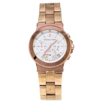 Pre Owned Michael Kors White Rose Gold Tone Stainless Steel Runway MK5223 Women's Wristwatch 38 mm