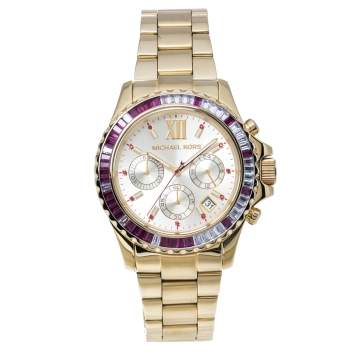 Pre Owned Michael Kors Baguette Crystals Gold Tone Stainless Steel Everest MK5871 Women's Wristwatch 41MM