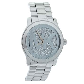 Pre Owned Michael Kors Silver Crystal Pave Stainless Steel Runway MK5544 Women's Wristwatch 45 mm