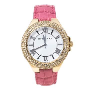 Pre Owned Michael Kors Opaline White Gold Tone Stainless Steel Leather Slim Camille MK2329 Women's Wristwatch 41 mm
